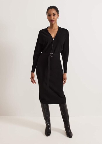 Phase Eight Dixie Batwing Zip Belted Dress Black Canada | EQVWHB-829